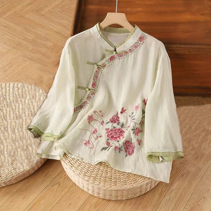 Camicia da donna in cotone e lino a maniche a tre quarti con ricamo vintage Zen a tema floreale e vegetale, ispirata Buddha Stones al design con bottoni a forma di rana cinese. - Giallo chiaro - US12, UK/AU16, EU44 (4XL) - image 3