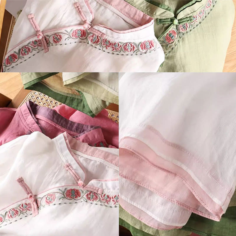 Camicia da donna in cotone e lino a maniche a tre quarti con ricamo vintage Zen a tema floreale e vegetale, ispirata Buddha Stones al design con bottoni a forma di rana cinese. - image 6