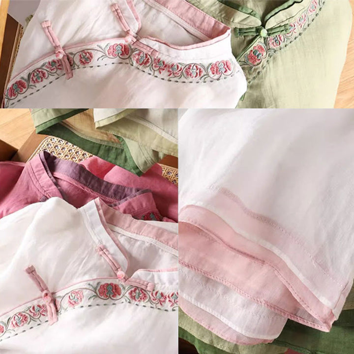 Camicia da donna in cotone e lino a maniche a tre quarti con ricamo vintage Zen a tema floreale e vegetale, ispirata Buddha Stones al design con bottoni a forma di rana cinese. - image 6