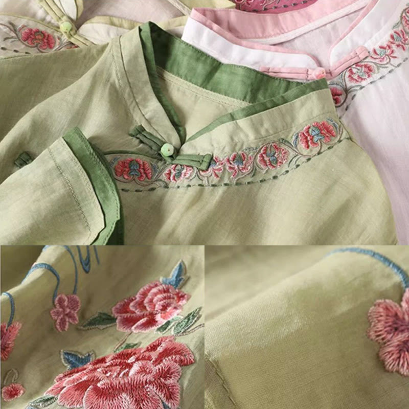 Camicia da donna in cotone e lino a maniche a tre quarti con ricamo vintage Zen a tema floreale e vegetale, ispirata Buddha Stones al design con bottoni a forma di rana cinese. - image 5
