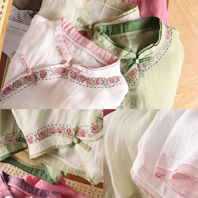 Camicia da donna in cotone e lino a maniche a tre quarti con ricamo vintage Zen a tema floreale e vegetale, ispirata Buddha Stones al design con bottoni a forma di rana cinese. - image 7