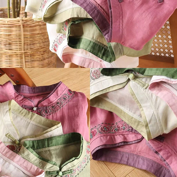Camicia da donna in cotone e lino a maniche a tre quarti con ricamo vintage Zen a tema floreale e vegetale, ispirata Buddha Stones al design con bottoni a forma di rana cinese. - image 8