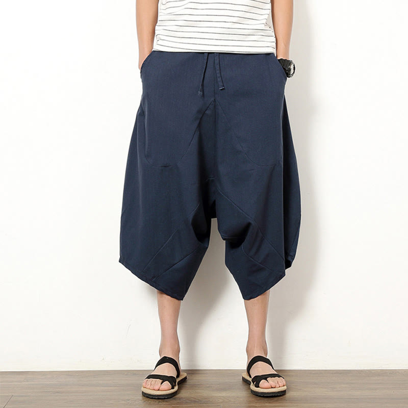 Pantaloni da uomo in cotone e lino con coulisse, modello Buddha Stones, modello primavera, semplici e patchwork, con tasche, lunghezza 7-8 - Blu ardesia scuro - US/UK/AU46, EU56 (5XL) - image 0