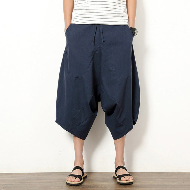 Pantaloni da uomo in cotone e lino con coulisse, modello Buddha Stones, modello primavera, semplici e patchwork, con tasche, lunghezza 7-8 - Blu ardesia scuro - US/UK/AU46, EU56 (5XL) - image 0