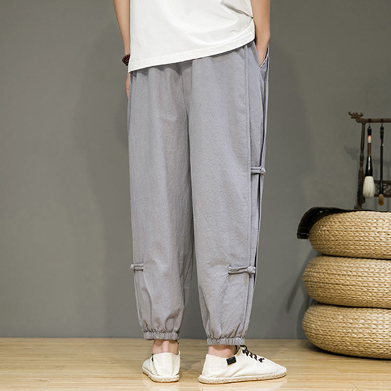 Pantaloni harem da uomo in cotone e lino con coulisse, design vintage "Buddha Stones" , con bottoni a forma di rana cinese e tasche. - image 21