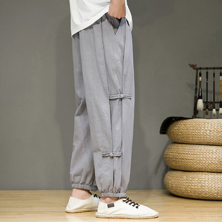Pantaloni harem da uomo in cotone e lino con coulisse, design vintage "Buddha Stones" , con bottoni a forma di rana cinese e tasche. - image 26