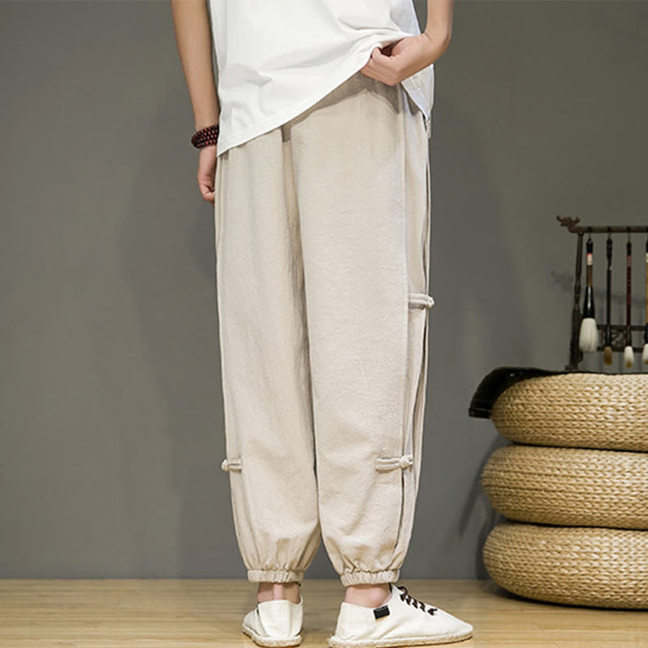 Pantaloni harem da uomo in cotone e lino con coulisse, design vintage "Buddha Stones" , con bottoni a forma di rana cinese e tasche. - image 2