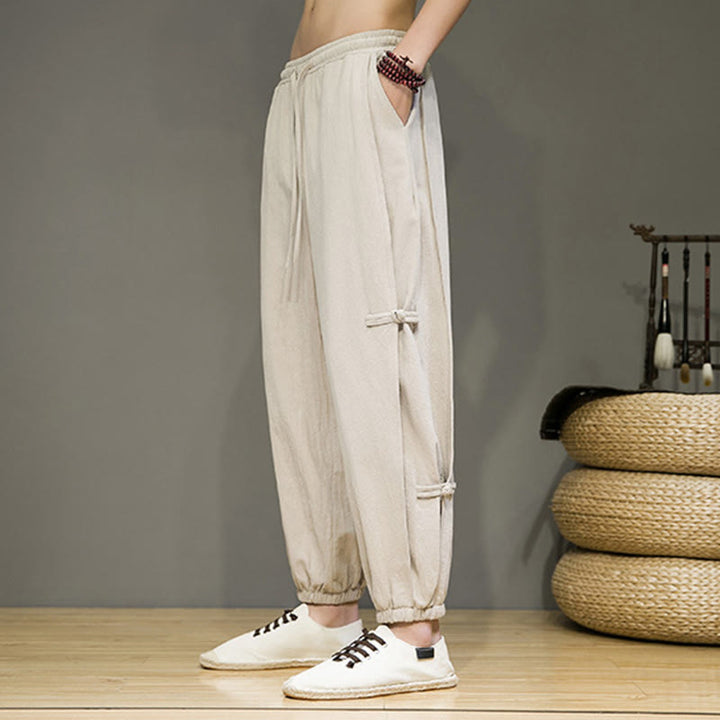 Pantaloni harem da uomo in cotone e lino con coulisse, design vintage "Buddha Stones" , con bottoni a forma di rana cinese e tasche. - image 7