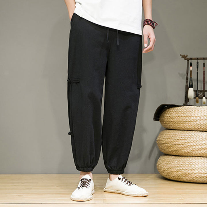 Pantaloni harem da uomo in cotone e lino con coulisse, design vintage "Buddha Stones" , con bottoni a forma di rana cinese e tasche. - image 11