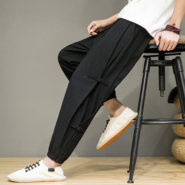 Pantaloni harem da uomo in cotone e lino con coulisse, design vintage "Buddha Stones" , con bottoni a forma di rana cinese e tasche. - image 9