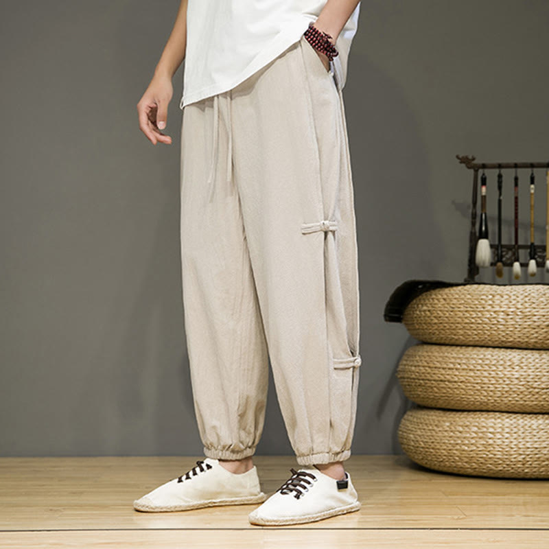 Pantaloni harem da uomo in cotone e lino con coulisse, design vintage "Buddha Stones" , con bottoni a forma di rana cinese e tasche. - Beige - US/UK/AU46, EU56 (5XL) - image 0