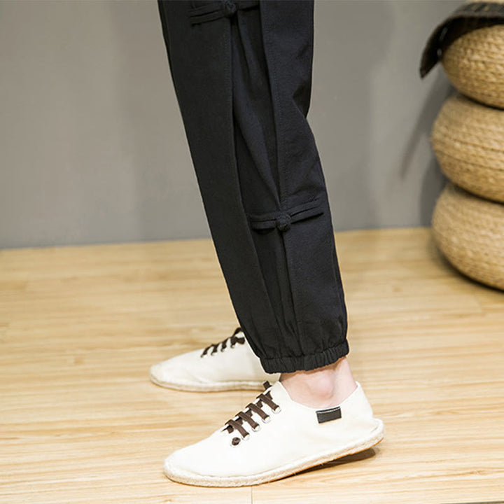 Pantaloni harem da uomo in cotone e lino con coulisse, design vintage "Buddha Stones" , con bottoni a forma di rana cinese e tasche. - image 18