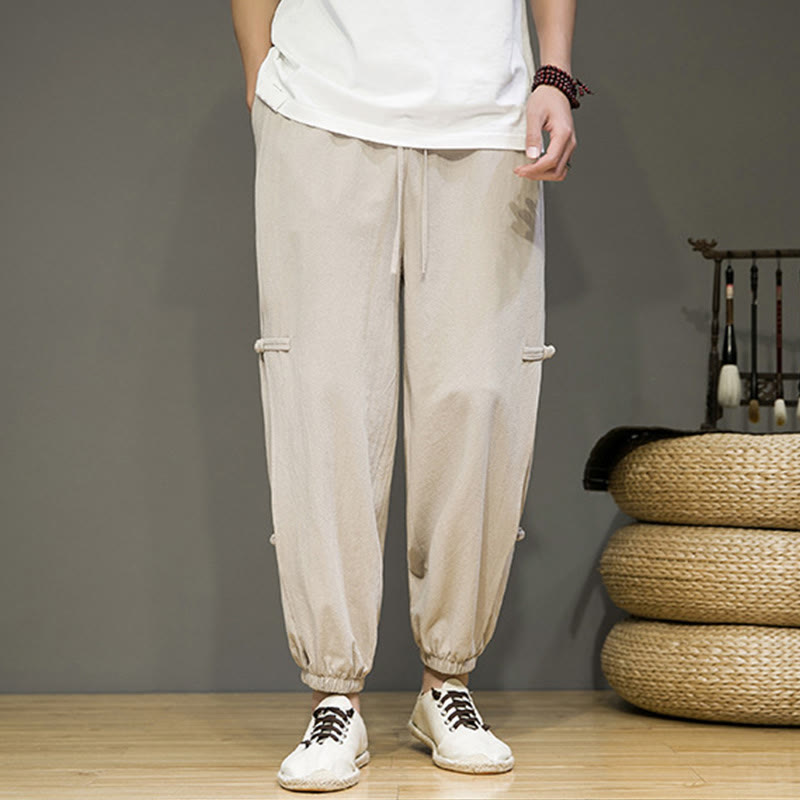 Pantaloni harem da uomo in cotone e lino con coulisse, design vintage "Buddha Stones" , con bottoni a forma di rana cinese e tasche. - image 5
