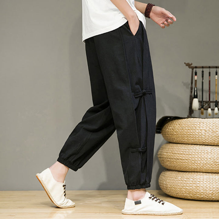 Pantaloni harem da uomo in cotone e lino con coulisse, design vintage "Buddha Stones" , con bottoni a forma di rana cinese e tasche. - image 13