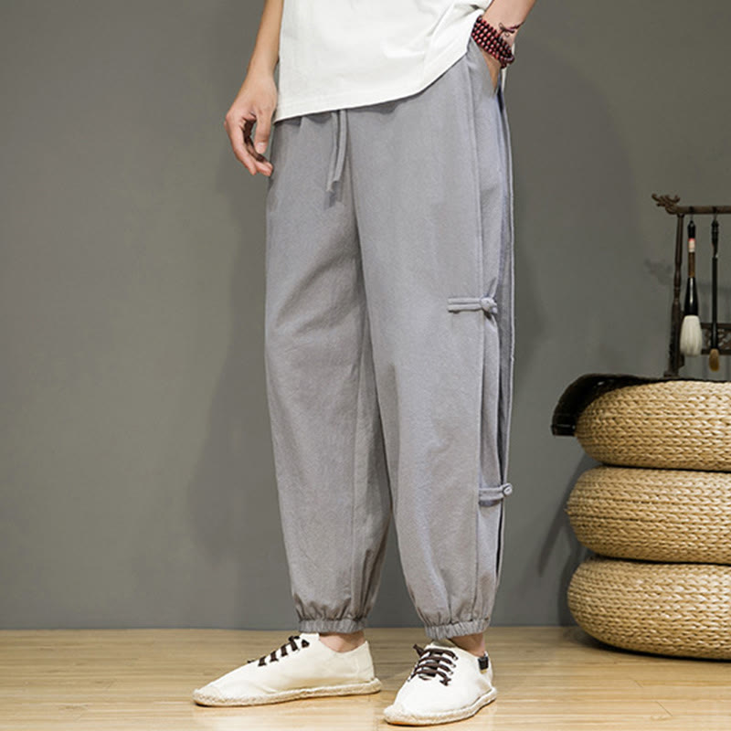 Pantaloni harem da uomo in cotone e lino con coulisse, design vintage "Buddha Stones" , con bottoni a forma di rana cinese e tasche. - image 20