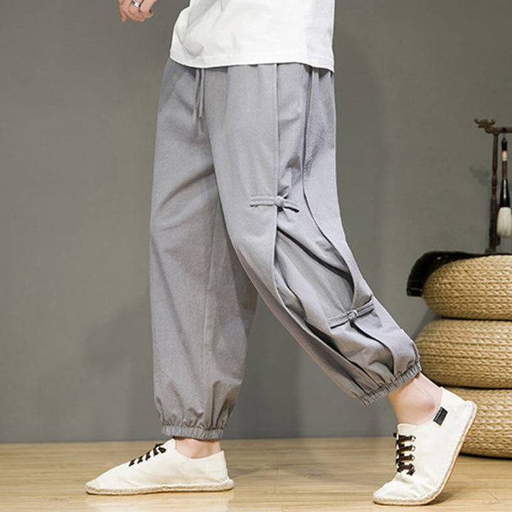 Pantaloni harem da uomo in cotone e lino con coulisse, design vintage "Buddha Stones" , con bottoni a forma di rana cinese e tasche. - image 22