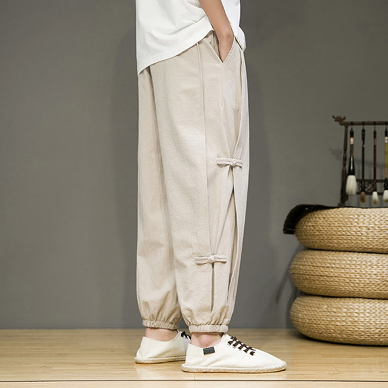Pantaloni harem da uomo in cotone e lino con coulisse, design vintage "Buddha Stones" , con bottoni a forma di rana cinese e tasche. - image 4