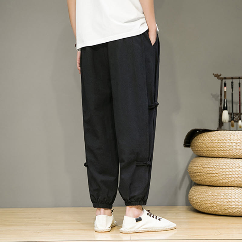 Pantaloni harem da uomo in cotone e lino con coulisse, design vintage "Buddha Stones" , con bottoni a forma di rana cinese e tasche. - image 14