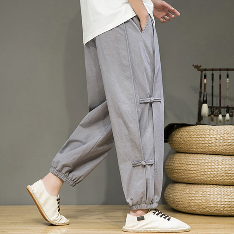 Pantaloni harem da uomo in cotone e lino con coulisse, design vintage "Buddha Stones" , con bottoni a forma di rana cinese e tasche. - image 24
