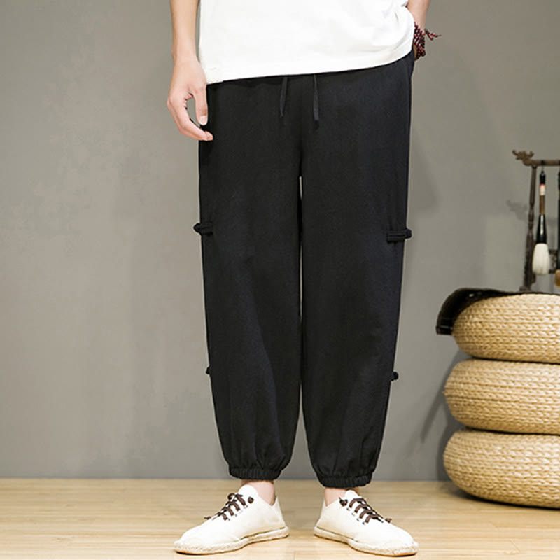 Pantaloni harem da uomo in cotone e lino con coulisse, design vintage "Buddha Stones" , con bottoni a forma di rana cinese e tasche. - image 10