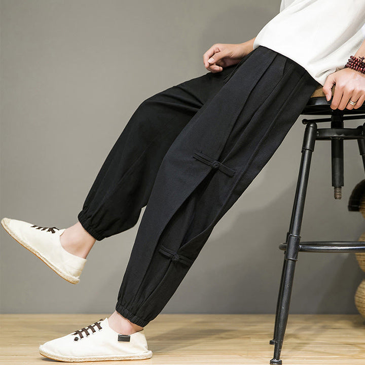 Pantaloni harem da uomo in cotone e lino con coulisse, design vintage "Buddha Stones" , con bottoni a forma di rana cinese e tasche. - Nero - US/UK/AU46, EU56 (5XL) - image 8