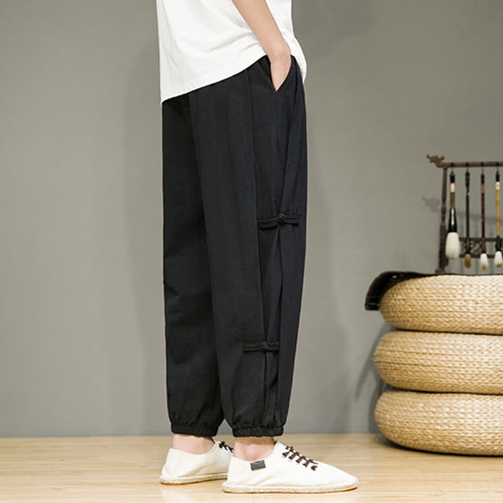 Pantaloni harem da uomo in cotone e lino con coulisse, design vintage "Buddha Stones" , con bottoni a forma di rana cinese e tasche. - image 15
