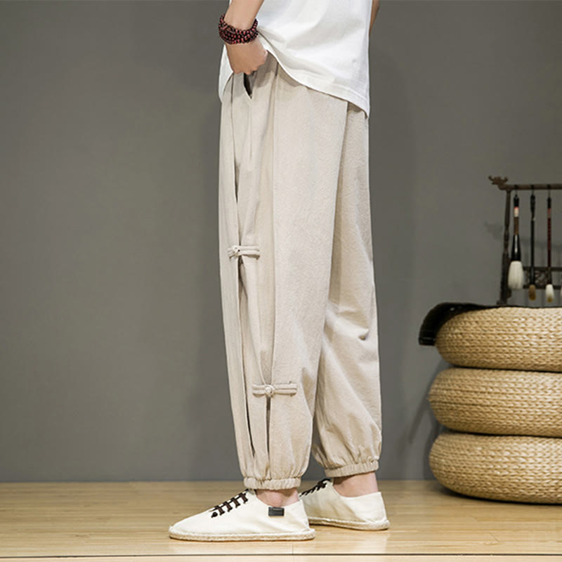Pantaloni harem da uomo in cotone e lino con coulisse, design vintage "Buddha Stones" , con bottoni a forma di rana cinese e tasche. - image 6
