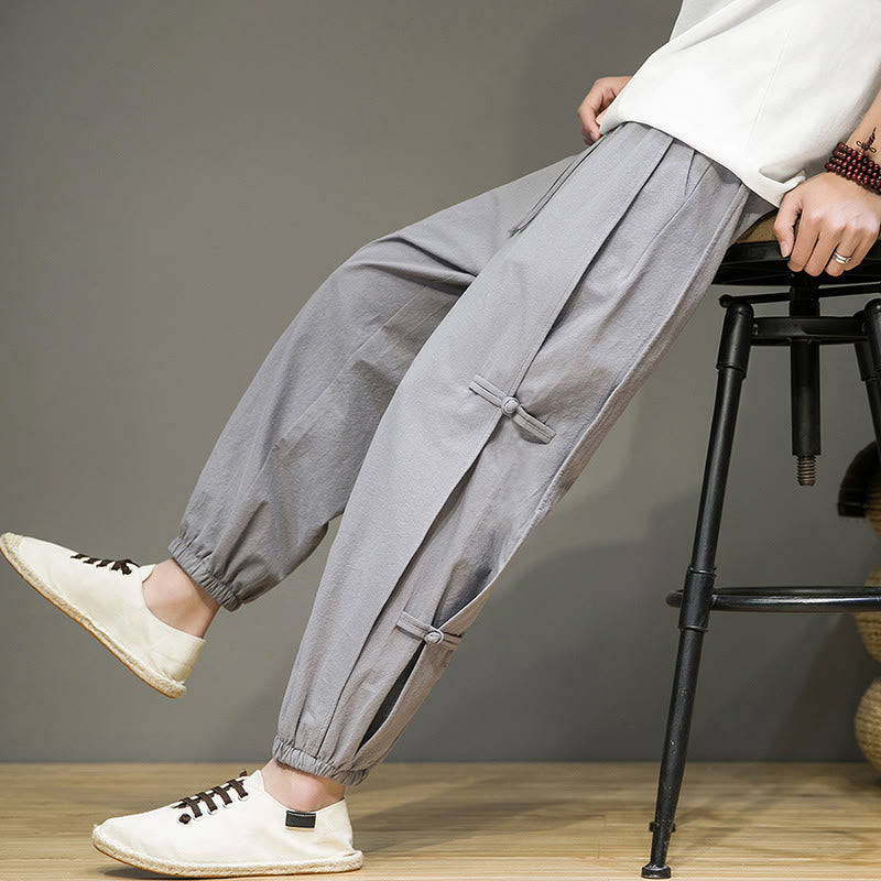 Pantaloni harem da uomo in cotone e lino con coulisse, design vintage "Buddha Stones" , con bottoni a forma di rana cinese e tasche. - Argento - US/UK/AU46, EU56 (5XL) - image 19