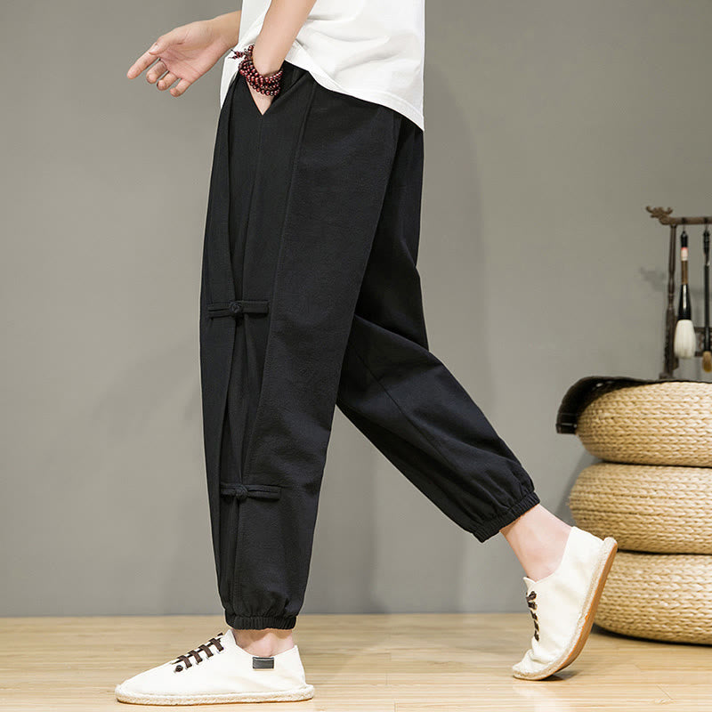 Pantaloni harem da uomo in cotone e lino con coulisse, design vintage "Buddha Stones" , con bottoni a forma di rana cinese e tasche. - image 12