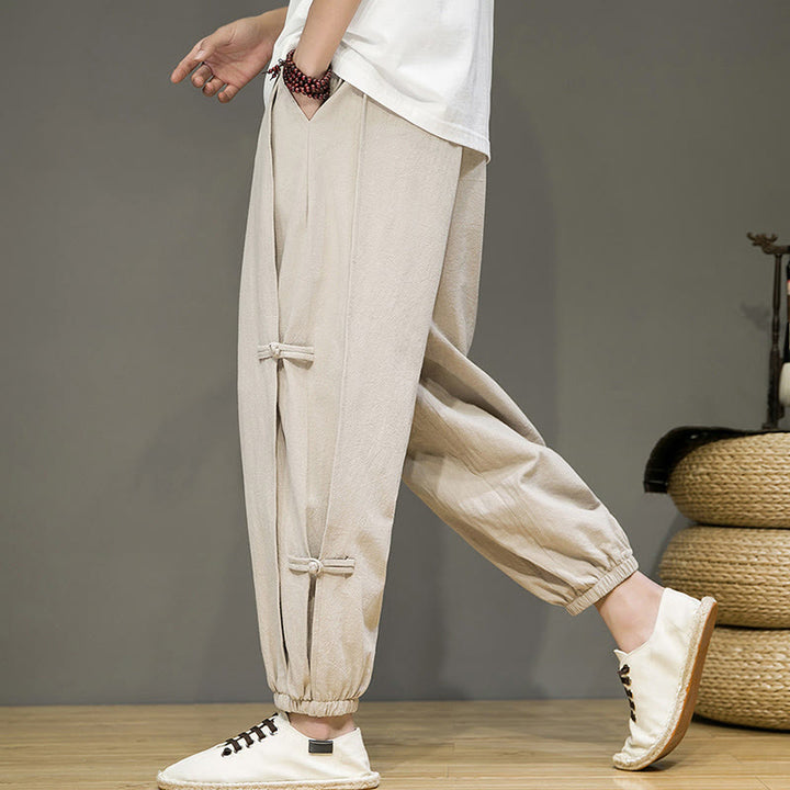 Pantaloni harem da uomo in cotone e lino con coulisse, design vintage "Buddha Stones" , con bottoni a forma di rana cinese e tasche. - image 3