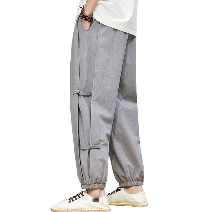 Pantaloni harem da uomo in cotone e lino con coulisse, design vintage "Buddha Stones" , con bottoni a forma di rana cinese e tasche. - image 27