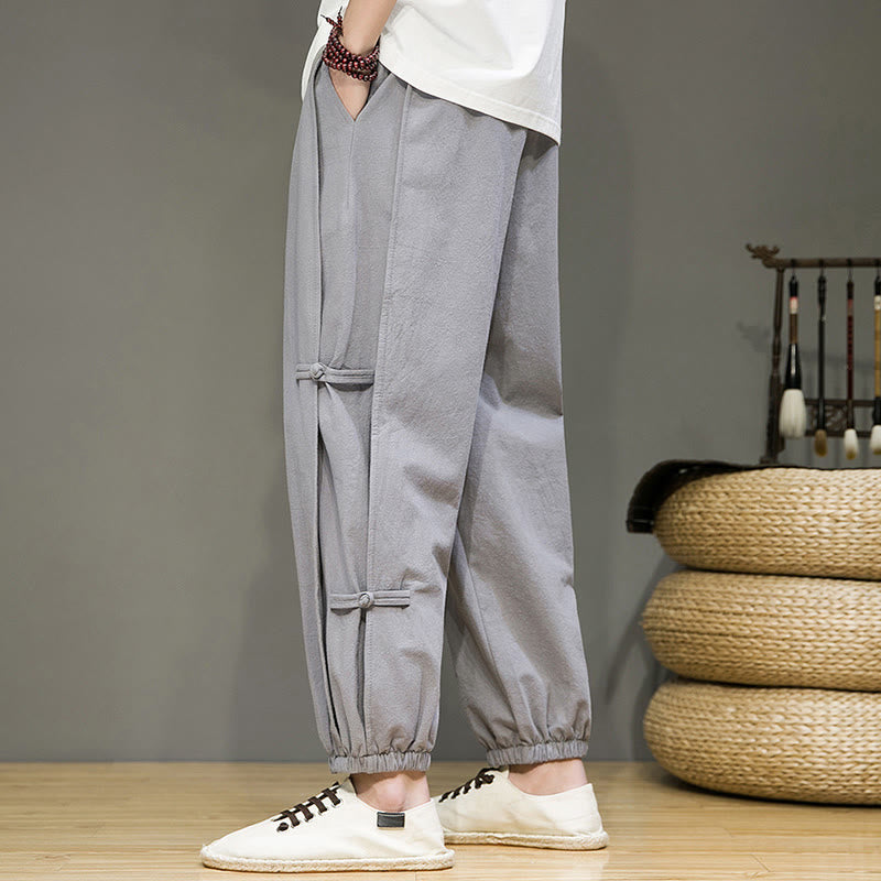 Pantaloni harem da uomo in cotone e lino con coulisse, design vintage "Buddha Stones" , con bottoni a forma di rana cinese e tasche. - image 25
