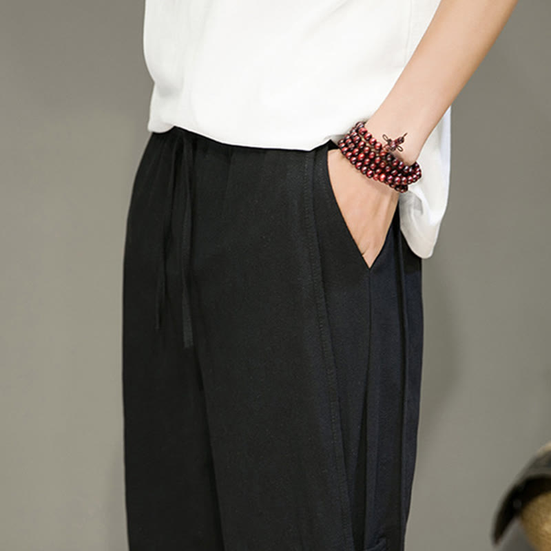 Pantaloni harem da uomo in cotone e lino con coulisse, design vintage "Buddha Stones" , con bottoni a forma di rana cinese e tasche. - image 16