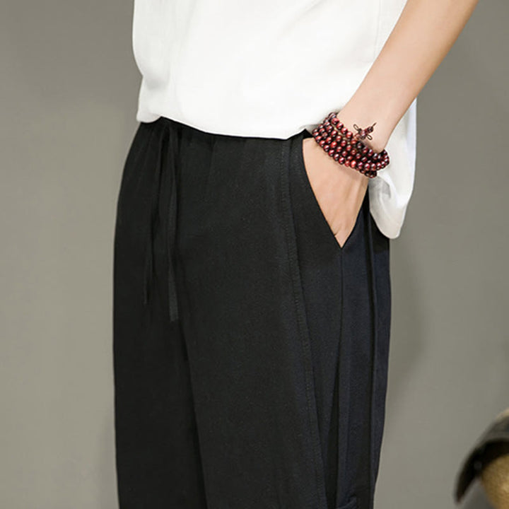Pantaloni harem da uomo in cotone e lino con coulisse, design vintage "Buddha Stones" , con bottoni a forma di rana cinese e tasche. - image 16