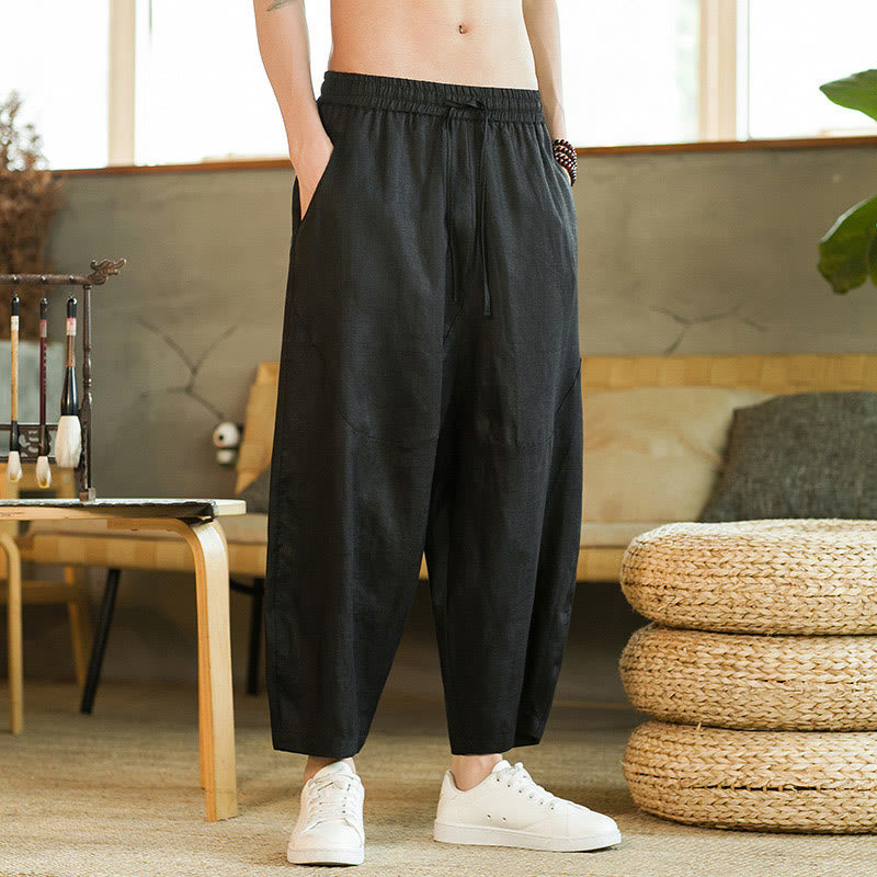 Pantaloni harem da uomo in lino con elastico in vita, con coulisse, stile casual retrò, tinta unita, stile semplice, con tasche , Buddha Stones - Nero - US/UK/AU46, EU56 (5XL) - image 8