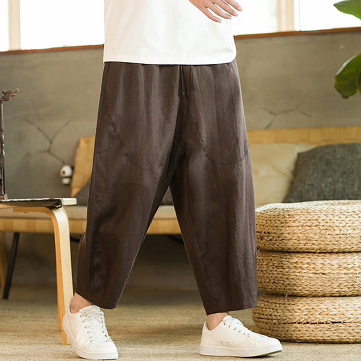 Pantaloni harem da uomo in lino con elastico in vita, con coulisse, stile casual retrò, tinta unita, stile semplice, con tasche , Buddha Stones - image 26