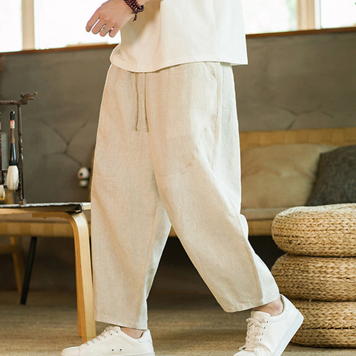 Pantaloni harem da uomo in lino con elastico in vita, con coulisse, stile casual retrò, tinta unita, stile semplice, con tasche , Buddha Stones - Beige - US/UK/AU46, EU56 (5XL) - image 0