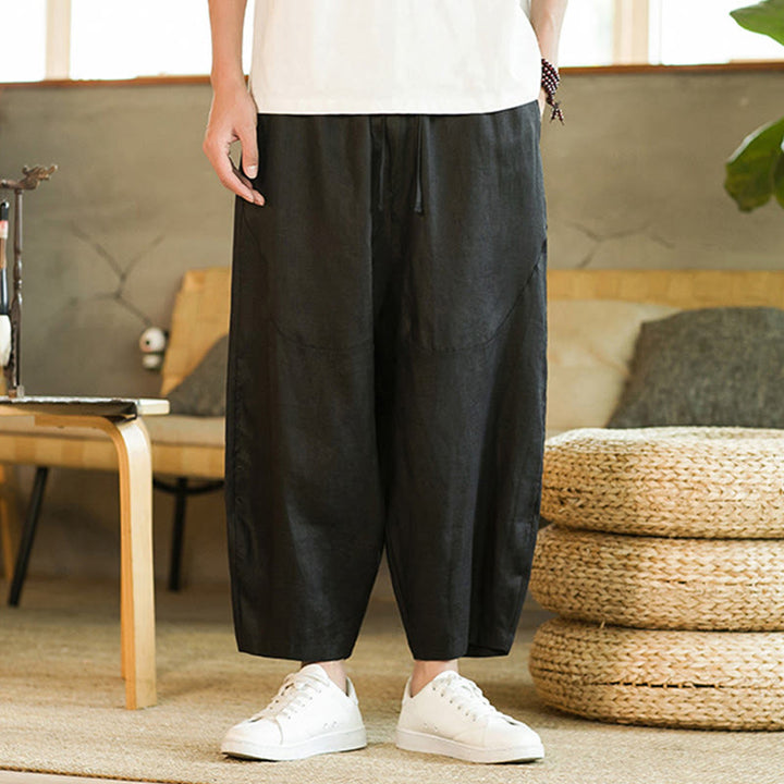 Pantaloni harem da uomo in lino con elastico in vita, con coulisse, stile casual retrò, tinta unita, stile semplice, con tasche , Buddha Stones - image 13
