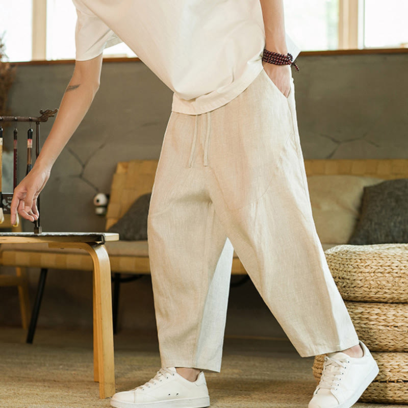 Pantaloni harem da uomo in lino con elastico in vita, con coulisse, stile casual retrò, tinta unita, stile semplice, con tasche , Buddha Stones - image 1
