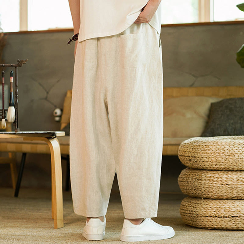 Pantaloni harem da uomo in lino con elastico in vita, con coulisse, stile casual retrò, tinta unita, stile semplice, con tasche , Buddha Stones - image 3