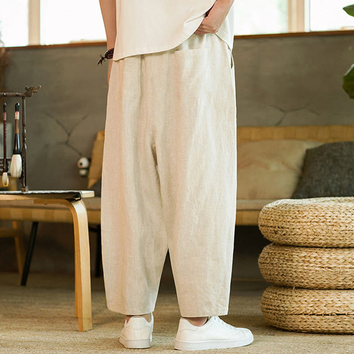 Pantaloni harem da uomo in lino con elastico in vita, con coulisse, stile casual retrò, tinta unita, stile semplice, con tasche , Buddha Stones - image 3