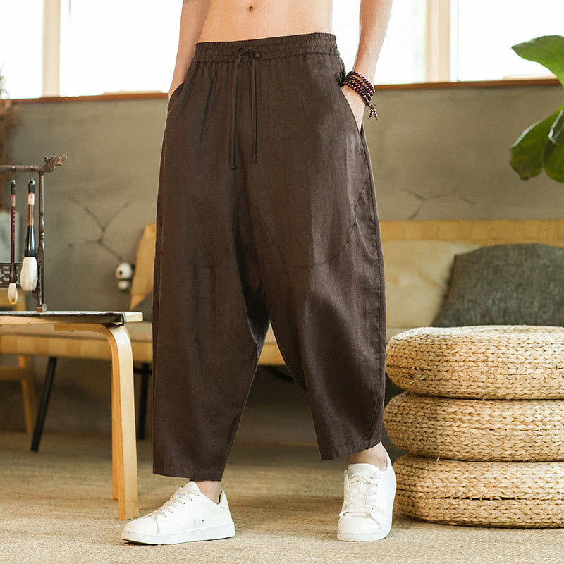 Pantaloni harem da uomo in lino con elastico in vita, con coulisse, stile casual retrò, tinta unita, stile semplice, con tasche , Buddha Stones - image 29