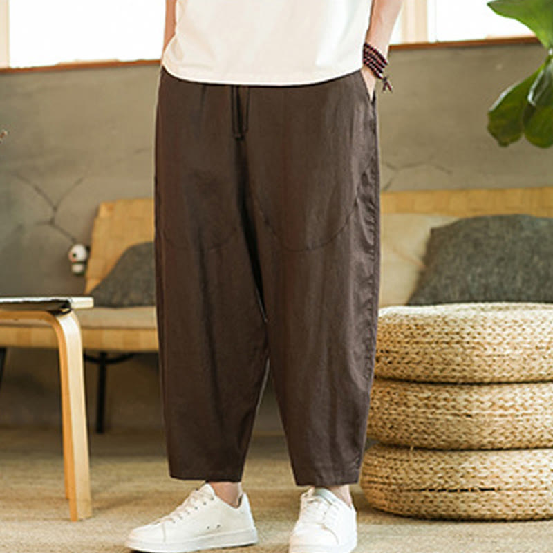Pantaloni harem da uomo in lino con elastico in vita, con coulisse, stile casual retrò, tinta unita, stile semplice, con tasche , Buddha Stones - image 24