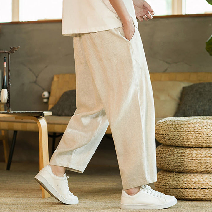 Pantaloni harem da uomo in lino con elastico in vita, con coulisse, stile casual retrò, tinta unita, stile semplice, con tasche , Buddha Stones - image 5