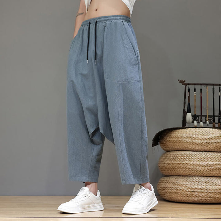 Pantaloni da uomo in cotone con elastico in vita, gamba larga, con coulisse, modello Buddha Stones, casual, tinta unita, cavallo basso, tasche - image 8