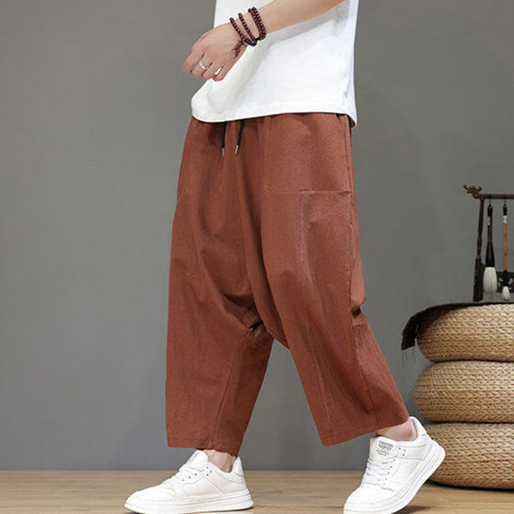 Pantaloni da uomo in cotone con elastico in vita, gamba larga, con coulisse, modello Buddha Stones, casual, tinta unita, cavallo basso, tasche - image 23
