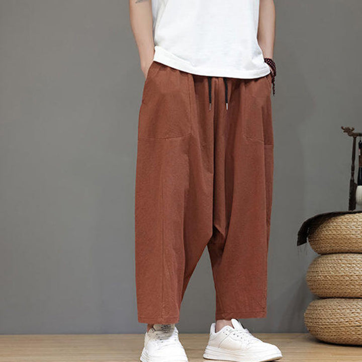 Pantaloni da uomo in cotone con elastico in vita, gamba larga, con coulisse, modello Buddha Stones, casual, tinta unita, cavallo basso, tasche - image 24