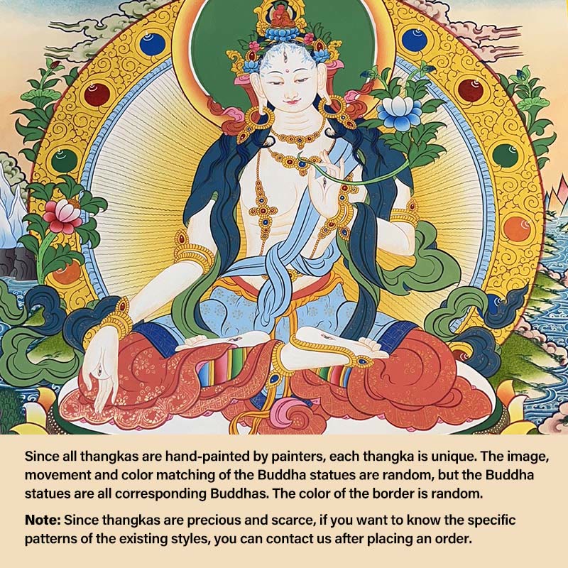 Buddha Stones, pittura tibetana Thangka, Dio giallo della ricchezza, Tara verde, Avalokitesvara, decorazione fatta a mano, scatola cieca (stile casuale) - 27,56*21,6 pollici/70*55 cm Tara bianca (stile Thangka casuale, contattare il servizio clienti per visualizzare gli stili disponibili) - image 11