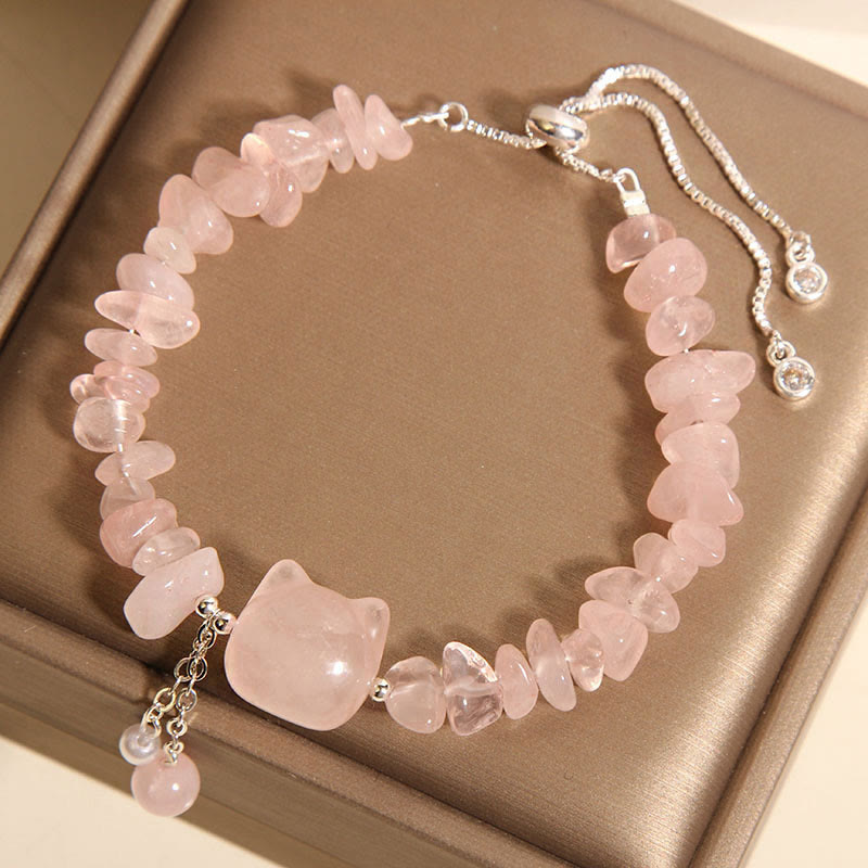 Braccialetto rilassante a forma di testa di gatto in agata rosa naturale e cristallo Buddha Stones - image 1