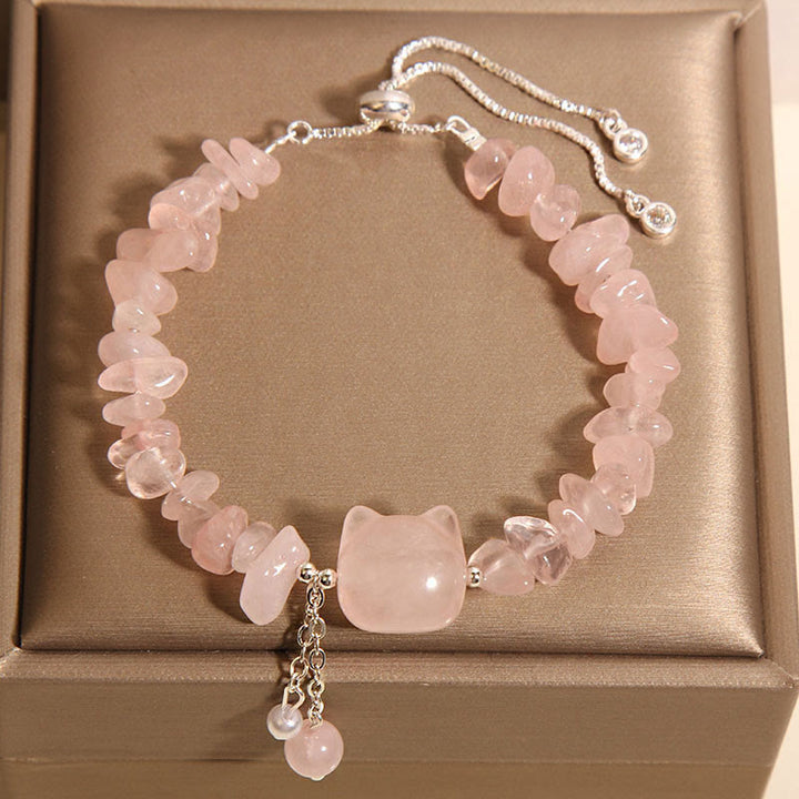Braccialetto rilassante a forma di testa di gatto in agata rosa naturale e cristallo Buddha Stones - Cristallo rosa (circonferenza del polso 14-16 cm) - image 0